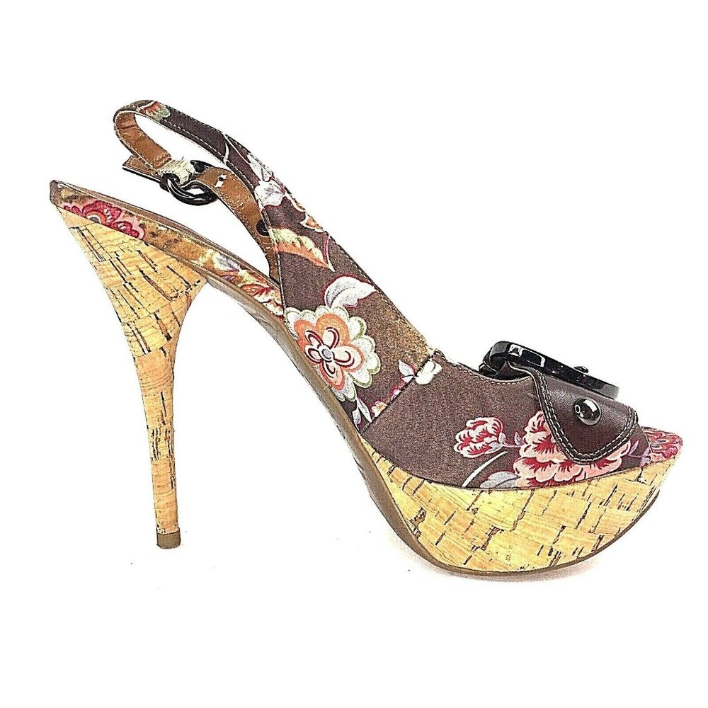 Guess Womens High Heels Cork Floral Pattern Open Toe US sz 7M EUC